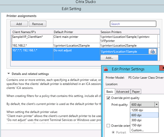 Image showing Citrix Studio printer settings editor