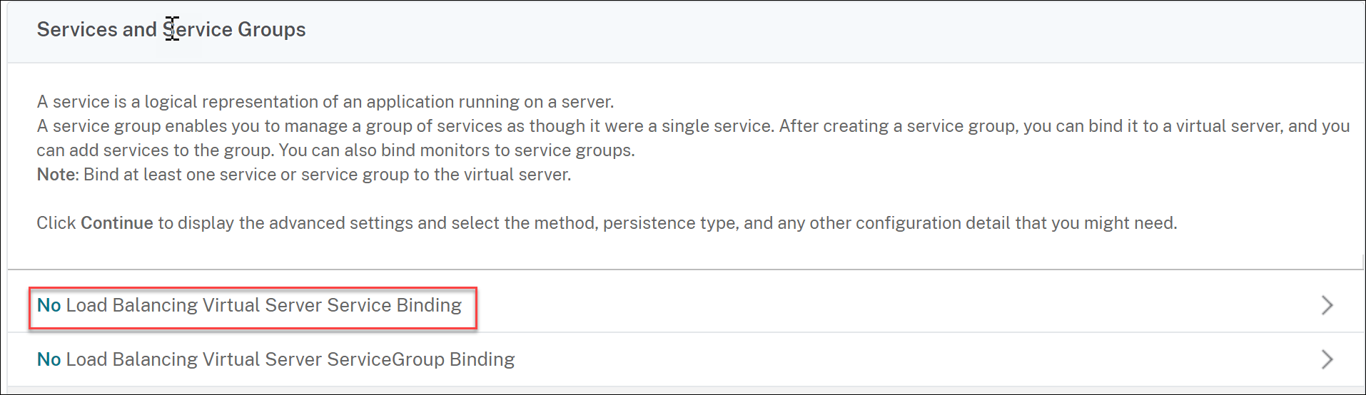 No load balancing virtual server service binding