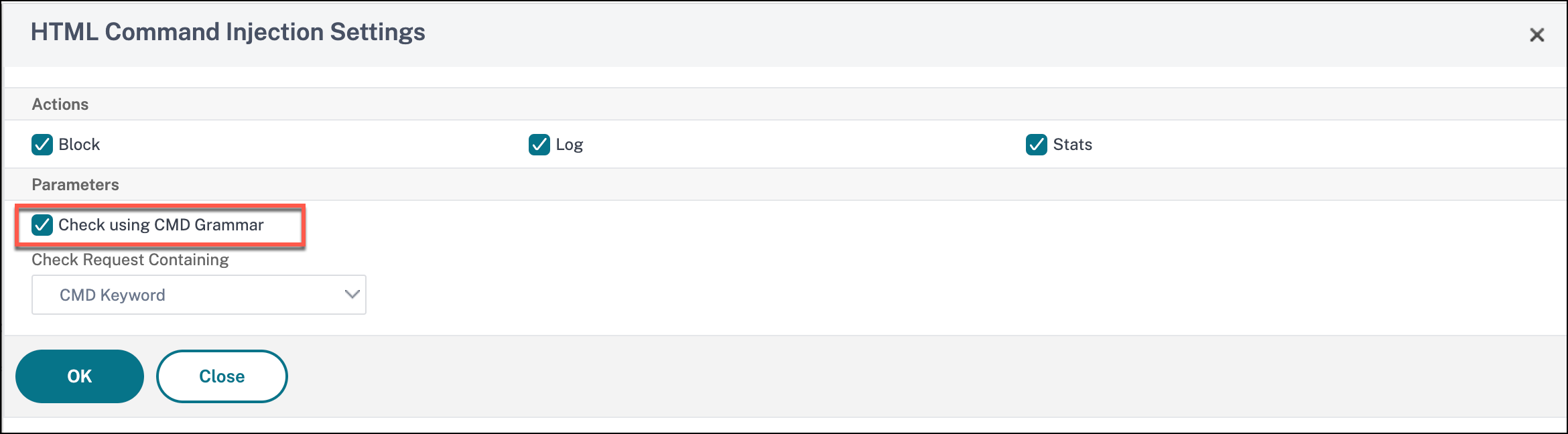 Configuración de acciones de inyección de comandos