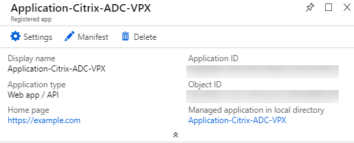 L'application enregistrée dans Microsoft Azure pour Citrix ADC VPX