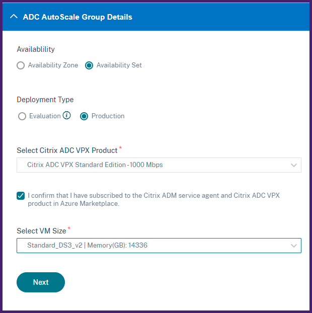 Detalles del grupo Azure ADC Autoscale