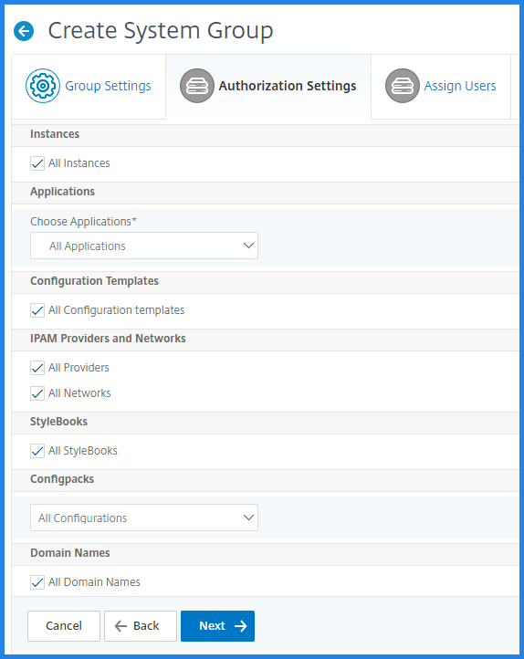 Categorías en la configuración de autorización