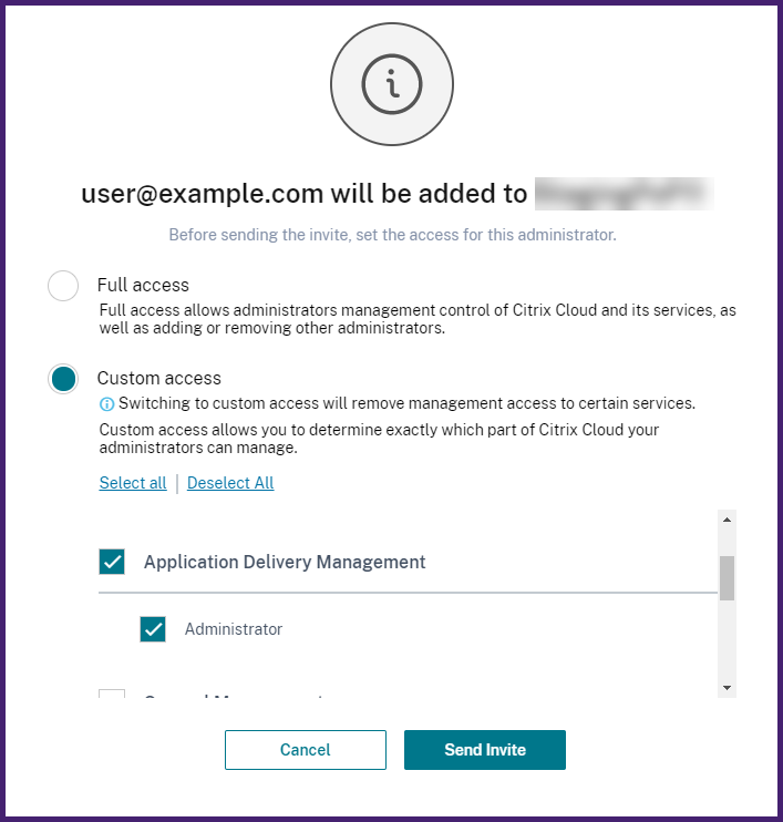 Invite a usuarios con acceso personalizado a Citrix ADM