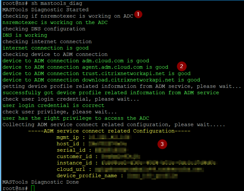 Résultats de diagnostic pour une instance ADC sans problème