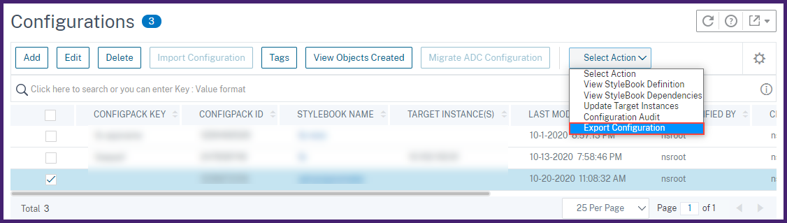 Option de configuration d'exportation