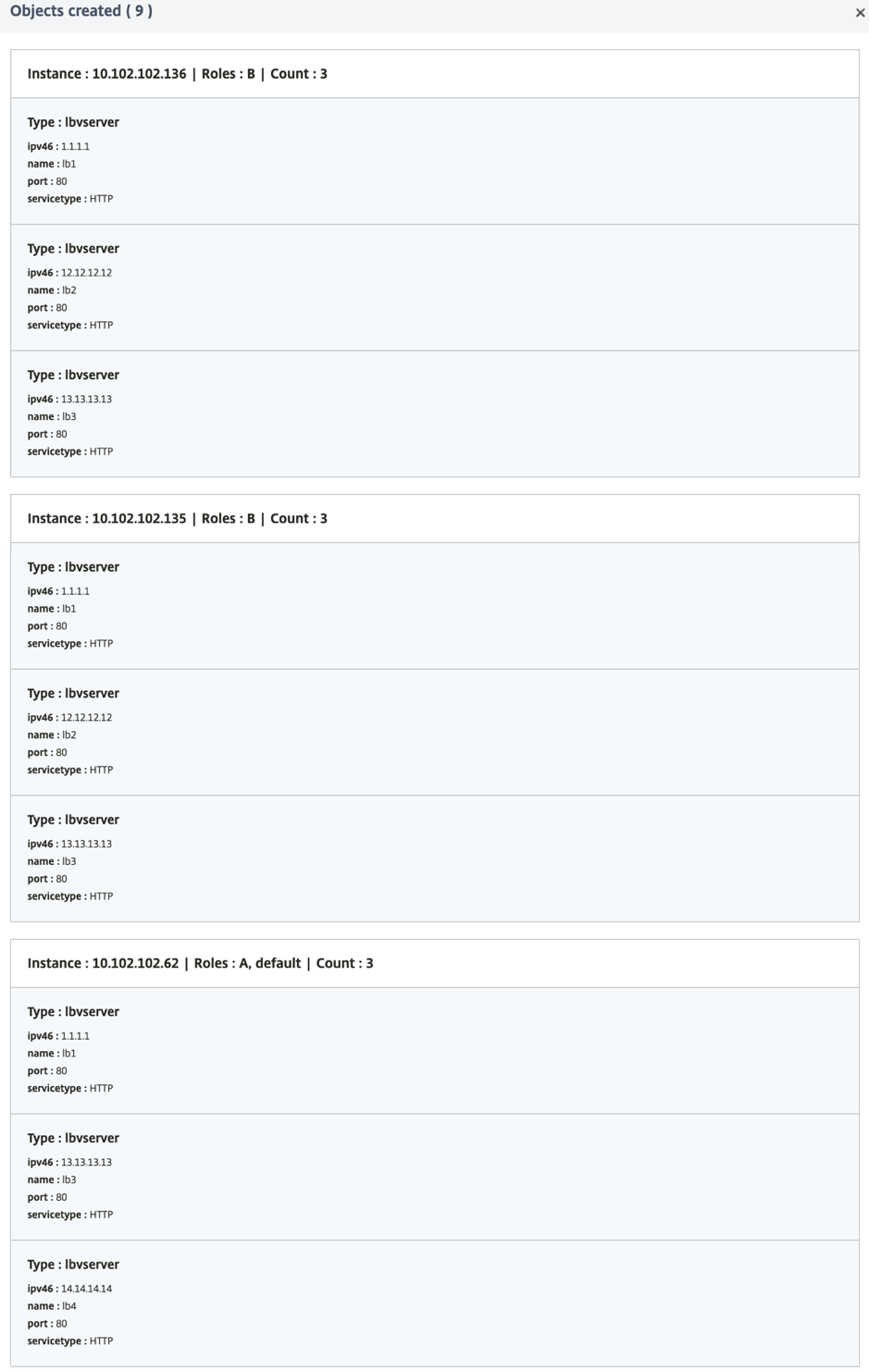 Objets créés dans l'instance ADC pour un pack de configuration