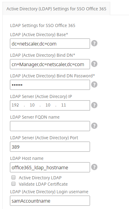 Paramètres LDAP (Active Directory) SSO Office 365