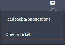 Icône Commentaires et assistance de Citrix Cloud avec l'option de menu Ouvrir un ticket en surbrillance