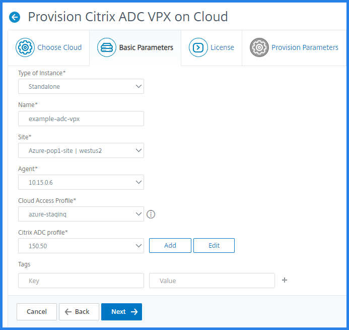 提供des paramètres de base Citrix ADC VPX