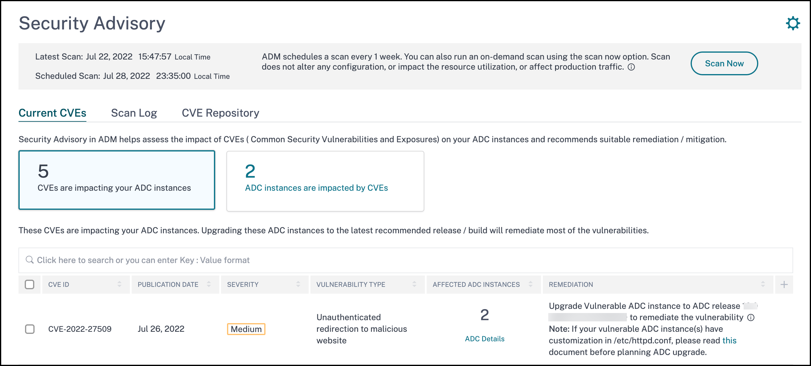 Security advisory dashboard for CVE-2022-27509