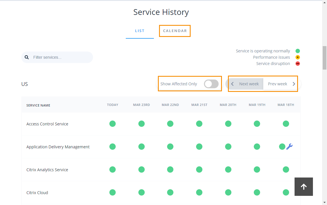 Vue de l'historique des services