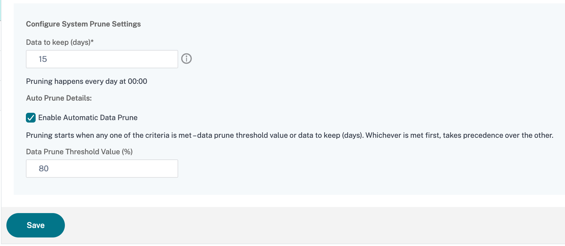 configure sys prune settings