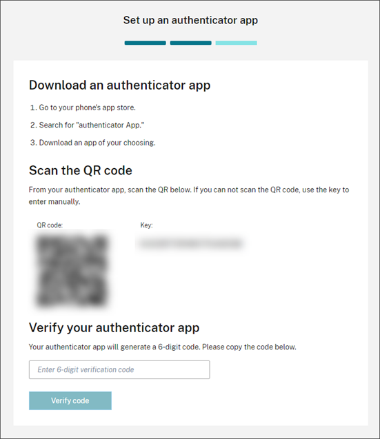 Écran de téléchargement d'application d' authentication avec le code QR et la clé en surbrillance