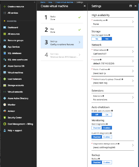 页面des paramètres de VM dans Azure资源管理器