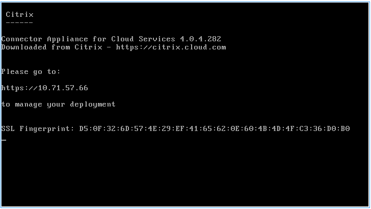 Página de inicio de Connector Appliance。El logopo de Citrix en arte ASCII。Información sobre el Connector Appliance，包括el número de versión、la dirección IP que se utilitzar<e:1>、el Connector注册商el Connector和la huella数字SSL。