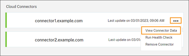 Cloud Connector tile with View Connector Data menu option highlighted