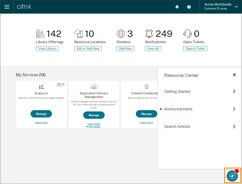 console de administración de Citrix Cloud de contro de recursos resalado