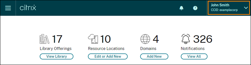 Citrix Cloud console with Customer ID highlighted