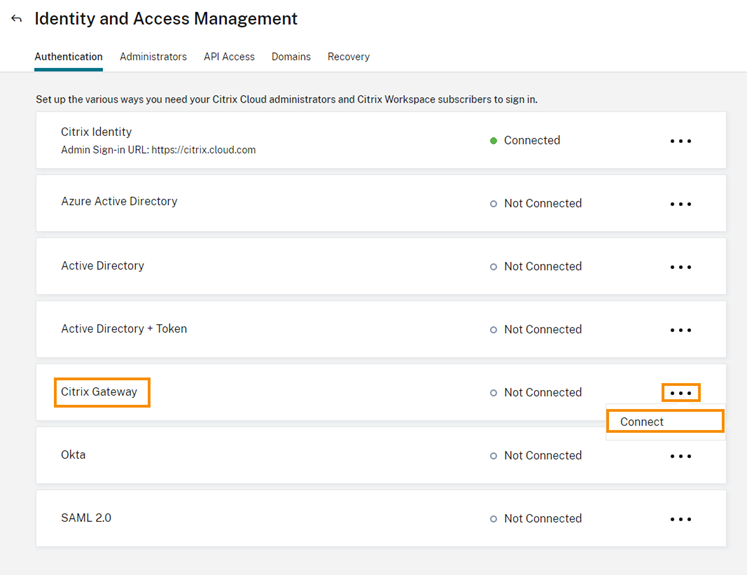 Opción de autenticación de Gateway con el menú connectar resalado