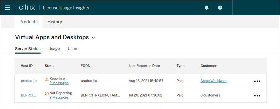 Página de Productos con la ficha Estado del servidor seleccionada en la consola de License Usage Insights