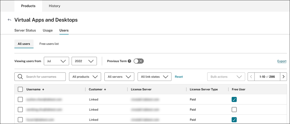 Página de Usuarios en la consola de License Usage Insights