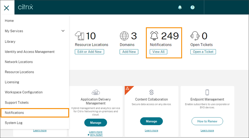 Consola de Citrix Cloud con el menú通知选择