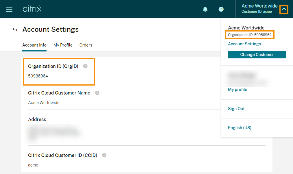 Page Paramètres du compte dans la console Citrix Cloud avec le menu Paramètres du compte affiché和le champ ID de l'organisation is en surbrilliant