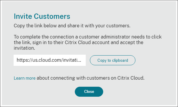 Cuadro de diálogo de Invitar a clients, en la consola de Citrix Cloud