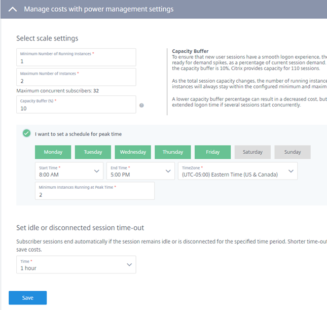 Page des paramètres de gestion de l'alimentation dans Virtual Apps Essentials