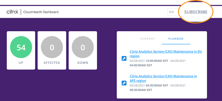 Service Health Dashboard with Subscribe link highlighted