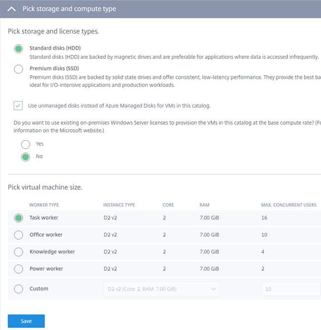 Página Elija tipo de processamiento y almacenamiento en Virtual Apps Essentials