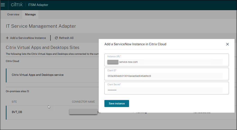 Boîte de dialogue在Citrix Cloud中添加一个ServiceNow实例