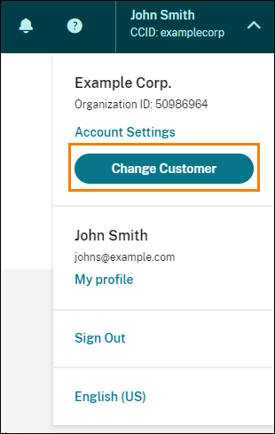 User menu with Change Customer button highlighted