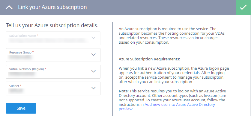 Page de lien d'abonnement Azure Virtual Apps Essentials