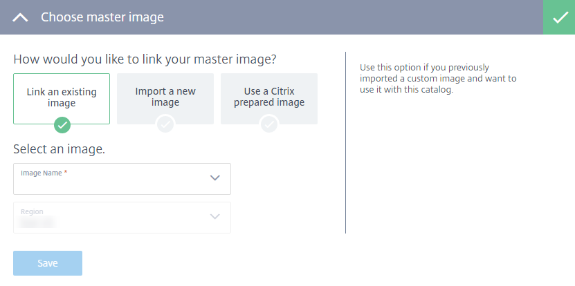 Página Elegir imagen maestra en Virtual Apps Essentials