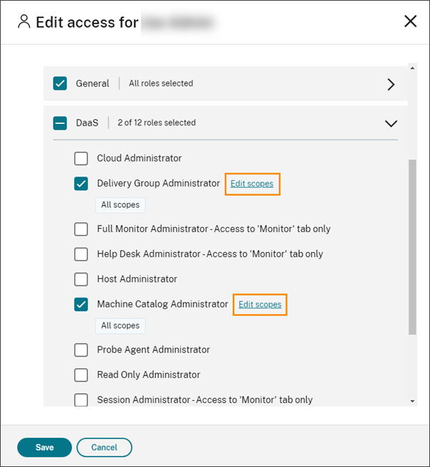 Edit access dialog with Edit Scopes highlighted