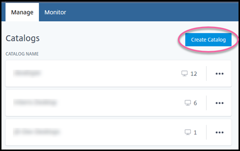 Create Catalog button on Manage dashboard