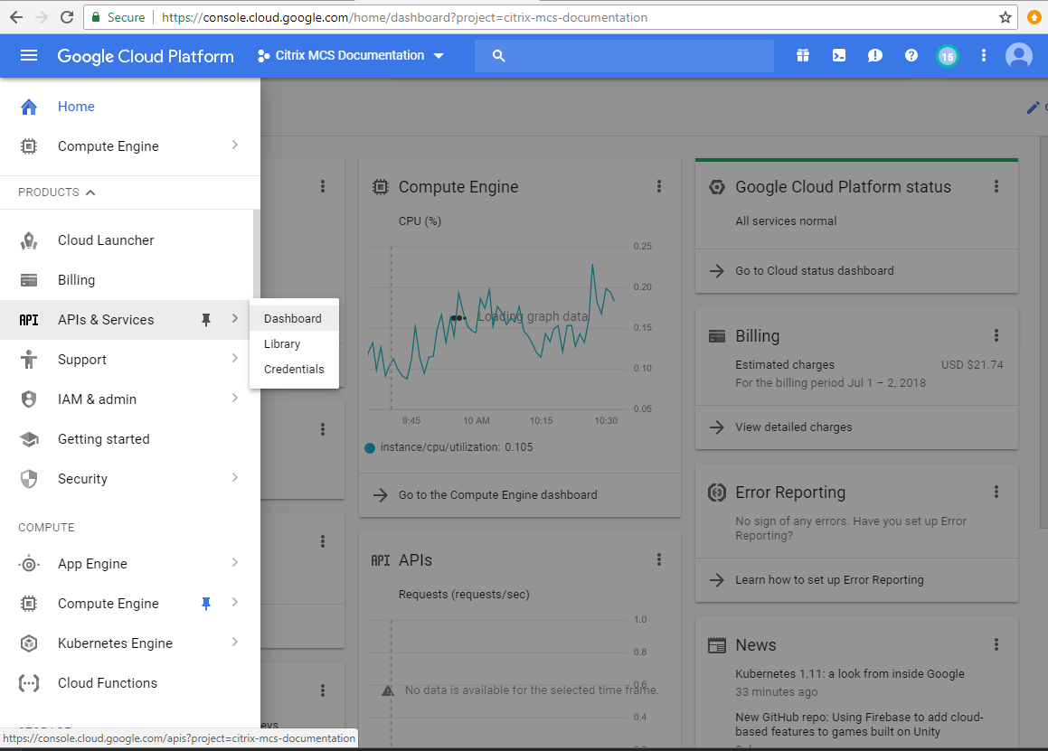 APIs and Services Dashboard select image