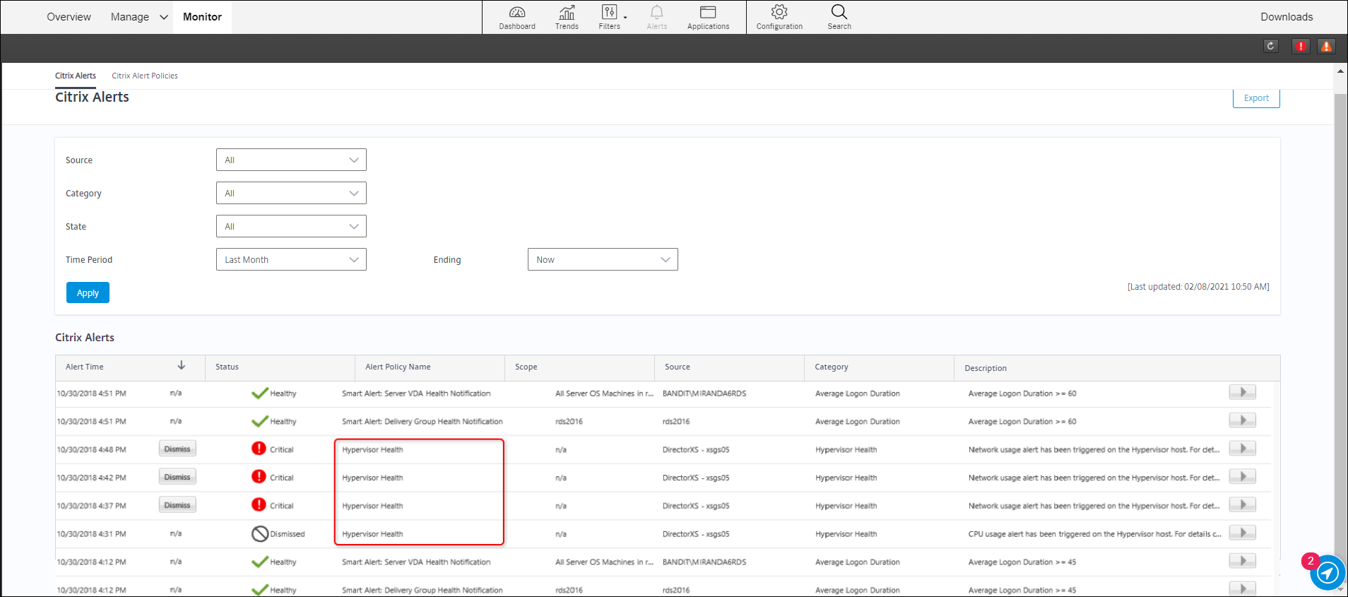 Hypervisor Alerts Display