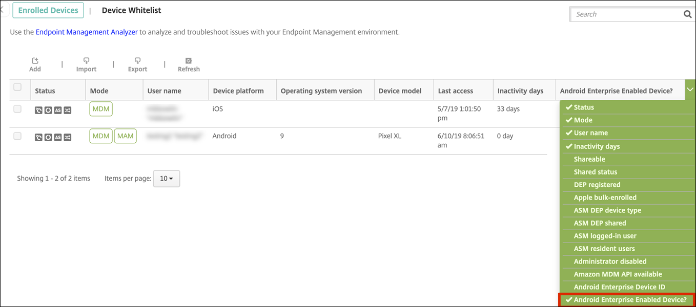 Android Enterprise device list