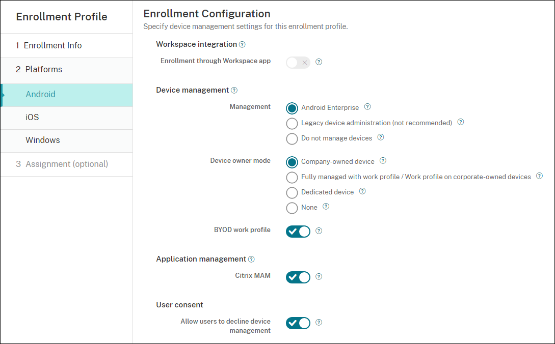 Enrollment Profiles configuration screen