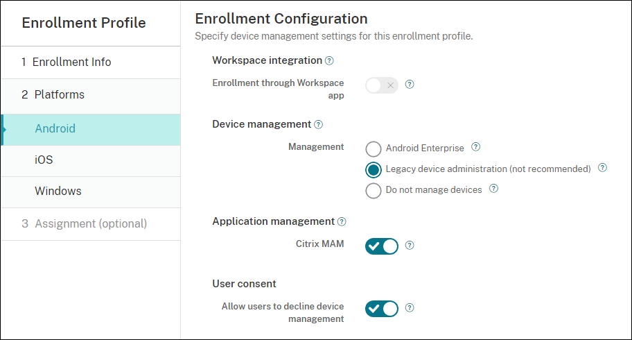 Enrollment Profiles configuration screen