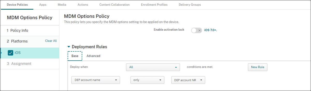 Apple device program settings screen