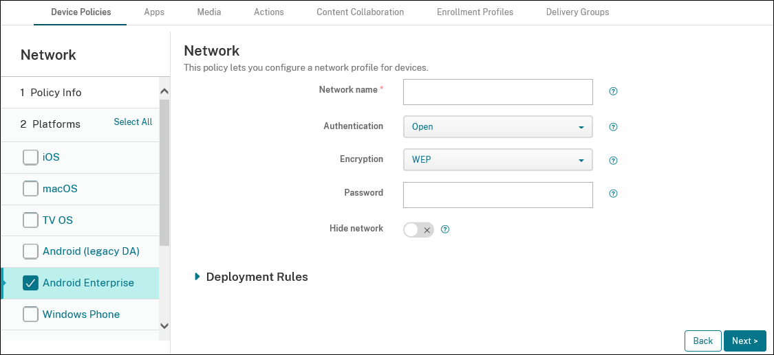 德vice Policies configuration screen