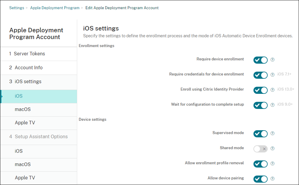 Apple Deployment Program settings screen