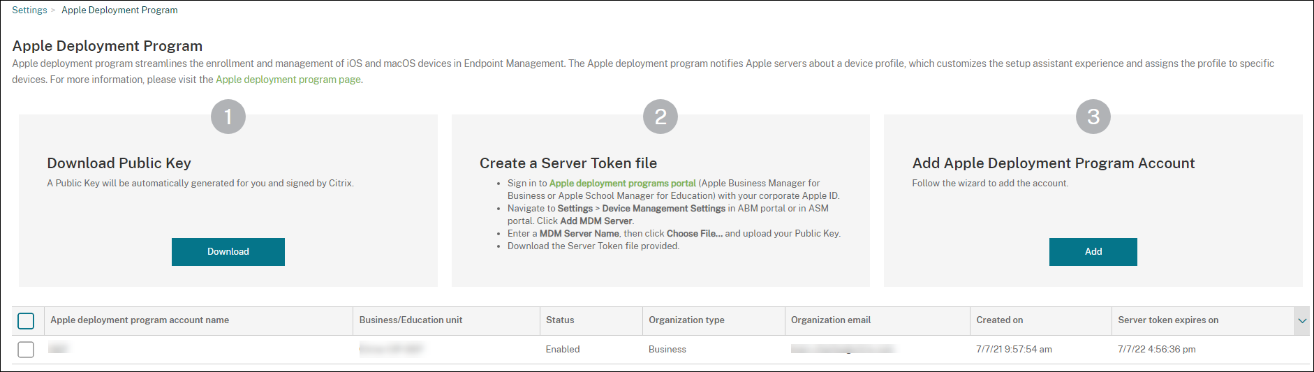 Apple Deployment Program settings screen