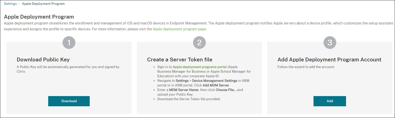 Apple Deployment Program settings screen