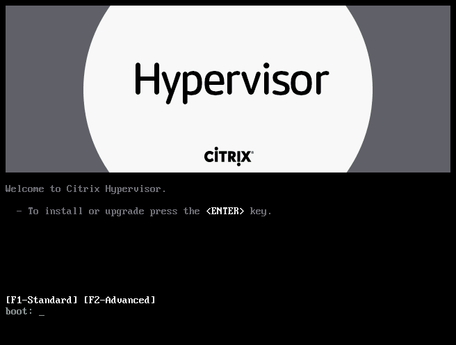 Citrix Hypervisor欢迎屏幕。一个标志图像、文本“Welcome to Citrix Hypervisor”和一个引导提示。