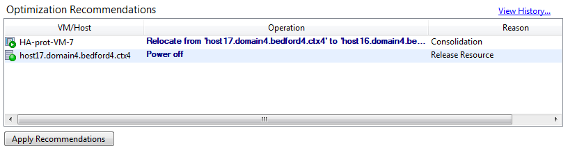 This illustration shows a screen capture of the Optimization Recommendations list, which appears on the WLB tab. The Operation column displays the behavior change suggested for that optimization recommendation. The Reason column displays the purpose of the recommendation. This screen capture shows an optimization recommendation for a VM, HA-prot-VM-7, and a host, host17.domain4.bedford4.ctx4.