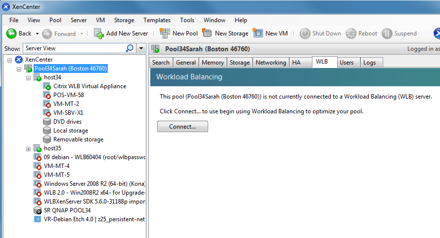 XenCenterの［WLB］タブのスクリーンショット